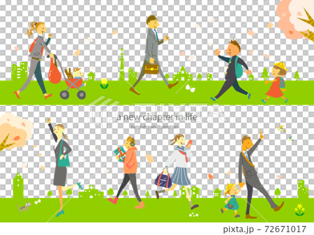 新生活スタート春の街と人物の手描きイラスト素材セット 新生活スタート春の街と人物の手描きイラスト素材セット 72671017