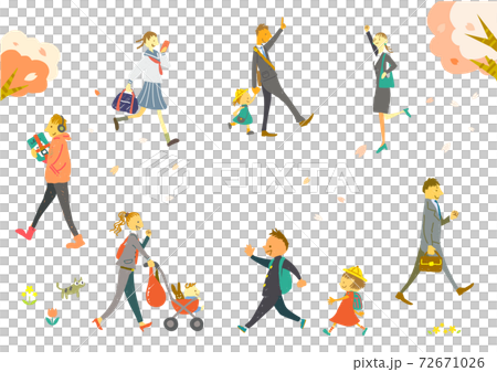 新生活開始春季步行者的手繪插圖素材集 72671026