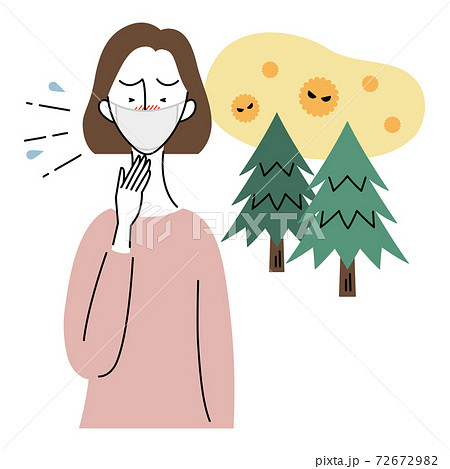 花粉症でくしゃみをする女性 マスク着用 のイラスト素材