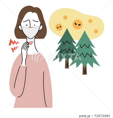 花粉症で喉に痛みを感じる女性（マスク着用） 72672985
