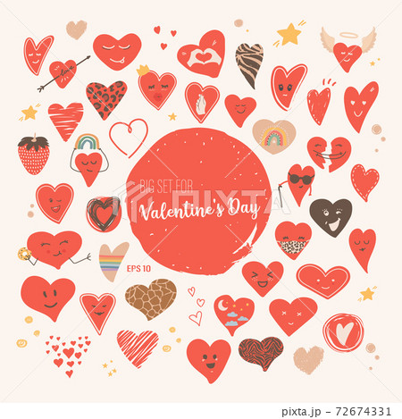 Big set for Valentine s Day. Vector hand drawn hearts. The concept of love, wedding, February 14. For the design of postcards, stickers, stamps, prints. Isolated on white background EPS 10. 72674331