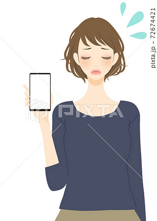 携帯電話を持つ女性 ネットトラブル 困る表情のイラストのイラスト素材