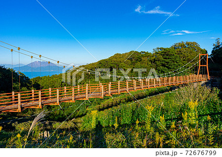 錦江湾展望公園 スカイぱれっとの吊り橋と桜島 錦江湾展望公園 スカイぱれっとの吊り橋と桜島 72676799
