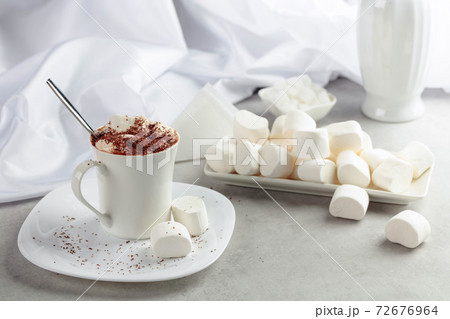 Hot chocolate with marshmallows sprinkled with chocolate crumbs. 72676964