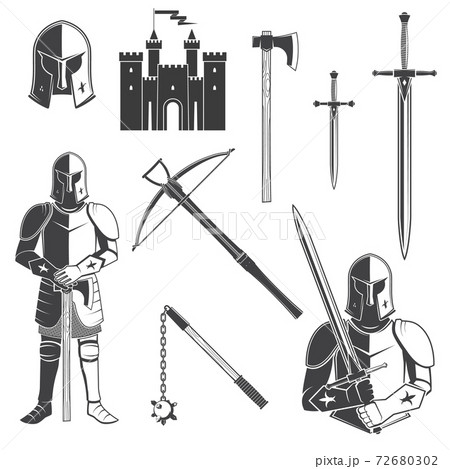 Set of knight and knight equipment icon Knife, dagger, sword, battle, castel, helmet, flail, crossbow isolated on the white background. Vector illustration. 72680302