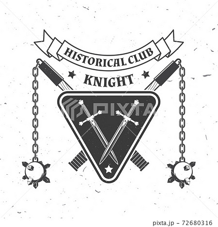 Knight historical club badge design. Vector illustration Concept for shirt, print, stamp, overlay or template. Vintage typography design with flail and shield silhouette. 72680316