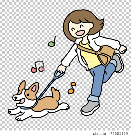 愛犬と散歩をする女性のイラストのイラスト素材