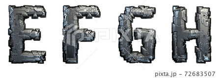 Set of capital letters E, F, G, H made of metal isolated on white background. 3d 72683507