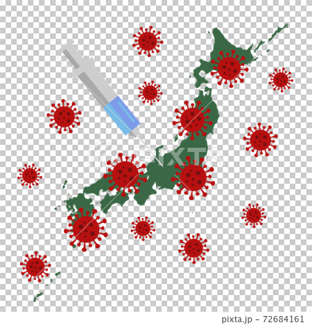 イラスト素材：新型コロナウイルス　ワクチン接種　日本地図　日本列島感染 72684161