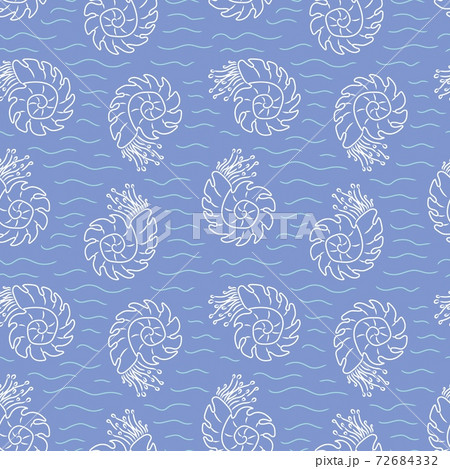 Delicate sea pattern of amonites. A doodle-style pattern. Spiral shell. Light Blue background. A beautiful pattern of seashells. Sea creature. Pattern for fabrics, website design. 72684332