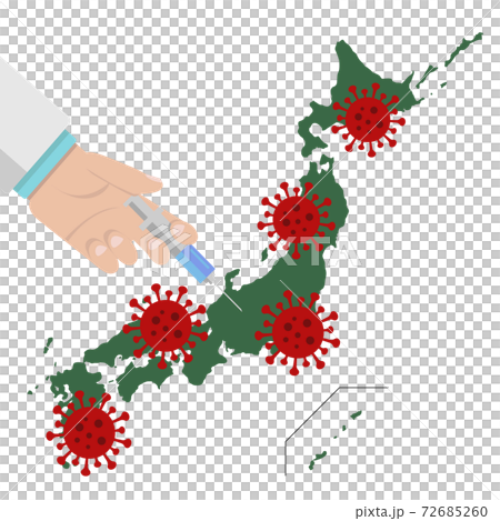 イラスト素材：新型コロナウイルス　ワクチン接種　日本地図　日本列島感染 72685260