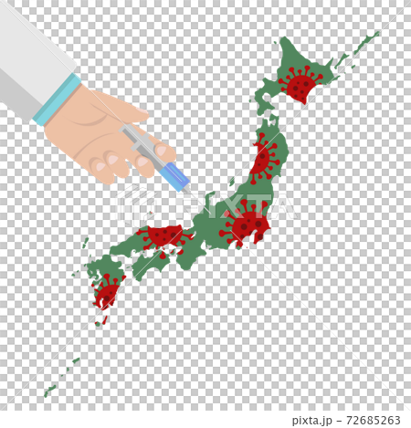 イラスト素材：新型コロナウイルス　ワクチン接種　日本地図　日本列島感染 72685263