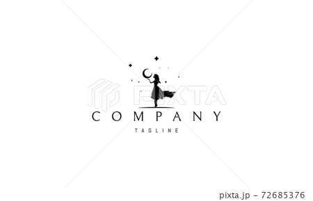 Vector logo in which an abstract image of a girl holding the moon in her hands against the background of the starry sky. 72685376