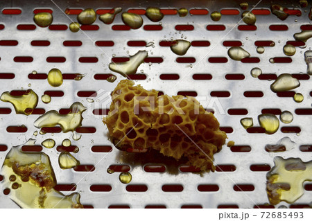 Drop of bee honey drip from hexagonal honeycombs 72685493