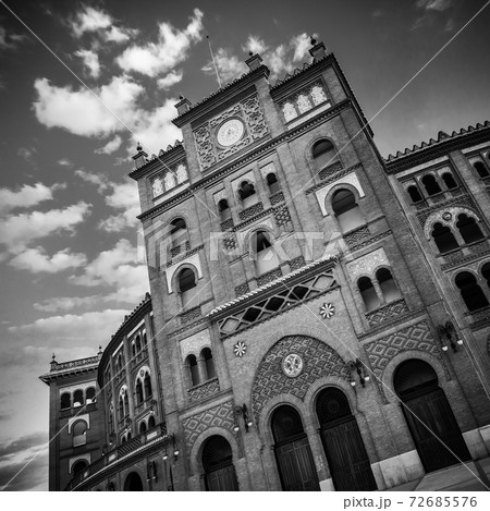 Bullring in Madrid, Las Ventas, situated at Plaza de torros. It is the bigest bullring in Spain in black and white. 72685576