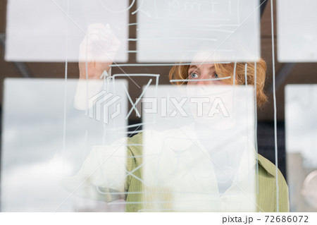 Young blond female software developer concentrating on work over new project 72686072