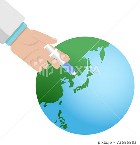 イラスト素材：ワクチン接種　ウイルス　インフルエンザ　コロナウイルス　地球儀　日本列島 72686883