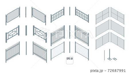 Isometric metal fence sections. Vector 72687991