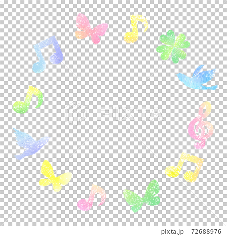 かわいい水彩テクスチャの円フレーム 音符 四つ葉 鳥 チョウ かわいい水彩テクスチャの円フレーム 音符 四つ葉 鳥 チョウ 72688976