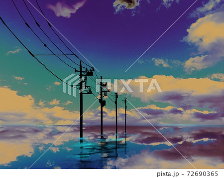 夏の青空が海面に反射して輝き水中に立つ電信柱が地平線へ続く不思議な風景画のイラスト素材 夏の青空が海面に反射して輝き水中に立つ電信柱が地平線へ続く不思議な風景画のイラスト素材