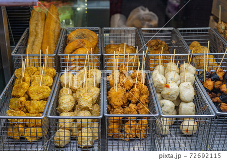 Hong Kong fish ball skewers for sale at food market Hong Kong fish ball skewers for sale at food market 72692115
