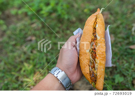 Human hand holding Banh Mi- Vietnamese sandwich  72693019