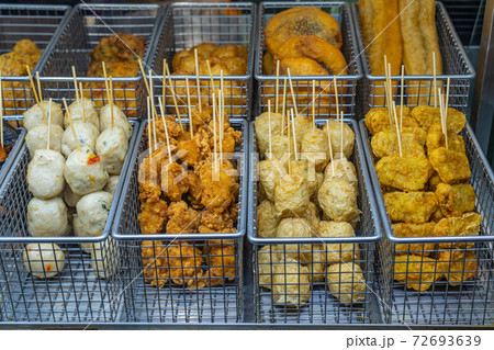 Tasty fried fish ball skewers at Hong Kong food stall 72693639
