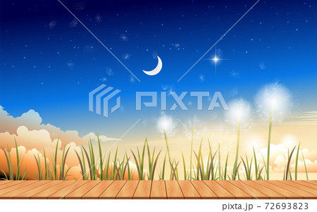 wooden table and dandelion in the meadow with cloud on the blue sky in winter background	 72693823