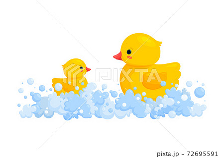 Rubber duck family in soap foam isolated in white background. Side view of yellow plastic duck toys in suds, parent and baby. Vector illustration 72695591