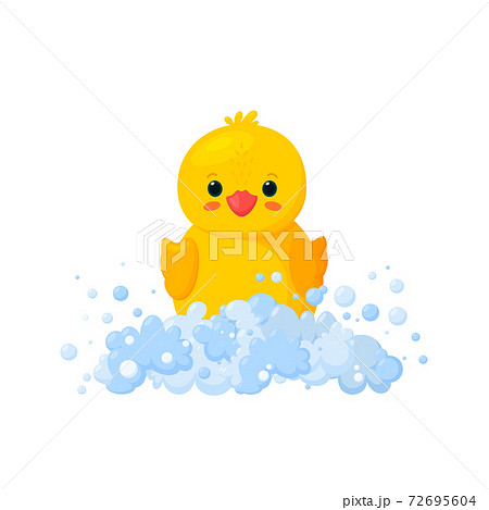 Rubber duck in soap foam with bubbles isolated in white background. Front view of yellow plastic duckling toy in suds. Vector illustration 72695604