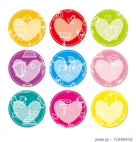 アップリケ風 ベビー柄 色セット 円形 ハートのテキストスペース セット 72696030
