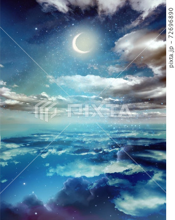 夜の海面に反射した青く輝く星空と美しく輝く月明かりの風景画のイラスト素材