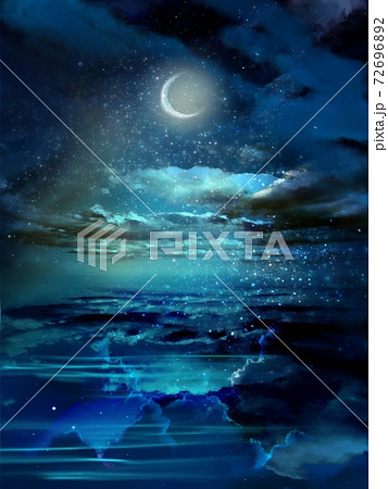 夜の海面に反射した青く輝く星空と美しく輝く月明かりの風景画のイラスト素材