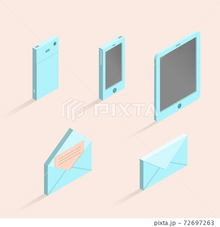 Vector isometric illustrations of phone, mobile tablet, opened and closed envelope. Set of isometric icons. 72697263