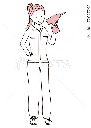 手描き1color Diy 女子 ポニーテール 女性 電動ドライバーをもってポージングのイラスト素材