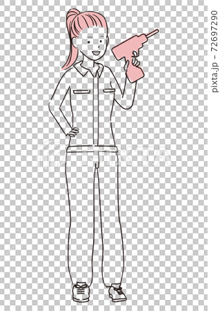 手描き1color Diy 女子 ポニーテール 女性 電動ドライバーをもってポージングのイラスト素材 手描き1color Diy 女子 ポニーテール 女性 電動ドライバーをもってポージングのイラスト素材