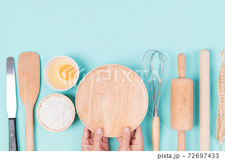 Kitchen utensils and food ingredients for bakery cooking 72697433