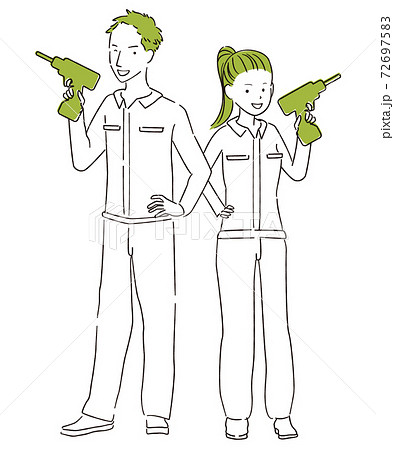 手描き1color DIY 男女 全身 電動ドライバーをもってポージング 手描き1color DIY 男女 全身 電動ドライバーをもってポージング 72697583