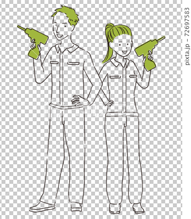 手描き1color Diy 男女 全身 電動ドライバーをもってポージングのイラスト素材