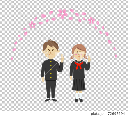 一名學生穿著制服和櫻花的插圖圖像 72697694