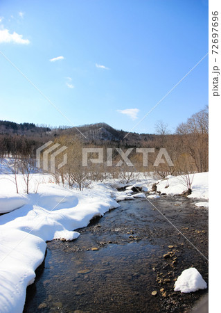 雪解けの川と青空の写真素材