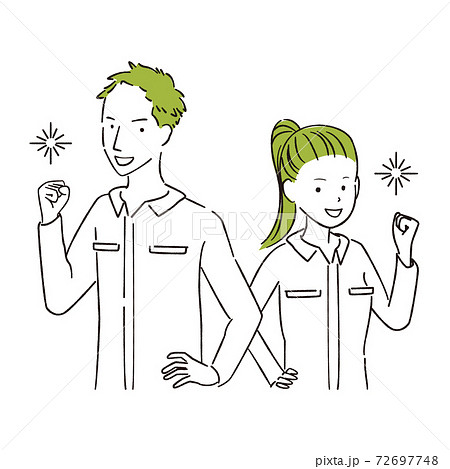 手描き1color Diy つなぎの男女 上半身 ガッツポーズのイラスト素材