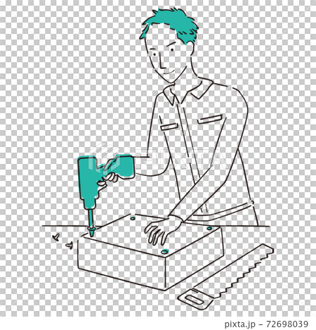 手描き1color Diy 男性 上半身 電動ドライバーで制作のイラスト素材