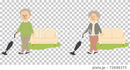 Illustration of a senior vacuuming 72698375