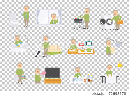 Illustration of an elderly man doing housework 72698376