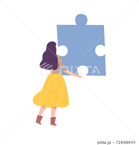 Back View of Young Woman Connecting Puzzle Elements, Girl Holding Big Jigsaw Piece Assembling Abstract Puzzle em Cartoon Style Vector Illustration Back View of Young Woman Connecting Puzzle Elements, Girl Holding Big Jigsaw Piece Assembling Abstract Puzzle em Cartoon Style Vector Illustration 72698645