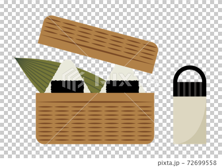 Illustration of rice balls and a water bottle in a basket Illustration of rice balls and a water bottle in a basket 72699558