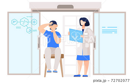 Girl holds a scheme of structure of the lungs. Boy sits on a chair and covers face with hands 72702077
