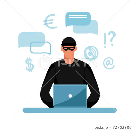 Online crime concept illustration, online social media fraud. A swindler and a thief are working at the computer. Vector flat illustration isolated on white background. Online crime concept illustration, online social media fraud. A swindler and a thief are working at the computer. Vector flat illustration isolated on white background. 72702306
