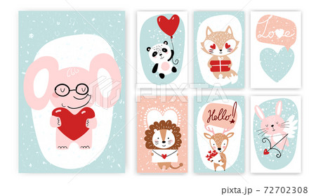 Set of mockups for Valentine s Day, children s party, birthday. Cute animals with heart symbol, bunny, elephant, panda and lion. Flat vector illustration isolated on white background. Set of mockups for Valentine s Day, children s party, birthday. Cute animals with heart symbol, bunny, elephant, panda and lion. Flat vector illustration isolated on white background. 72702308